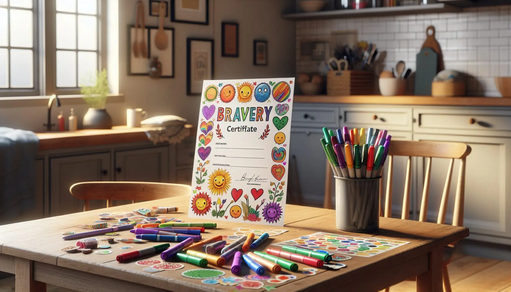 Generate an image of a vibrant Bravery Certificate decorated with markers and stickers on a wooden table.