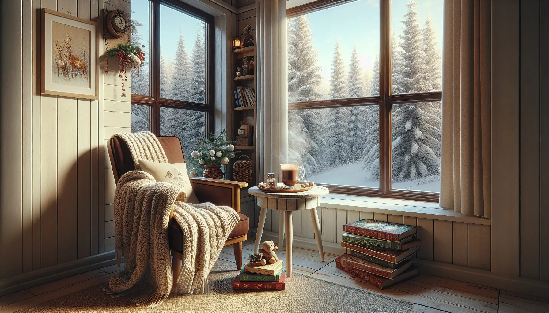 Generate an image of a cozy reading nook with snowy woods visible through a window.