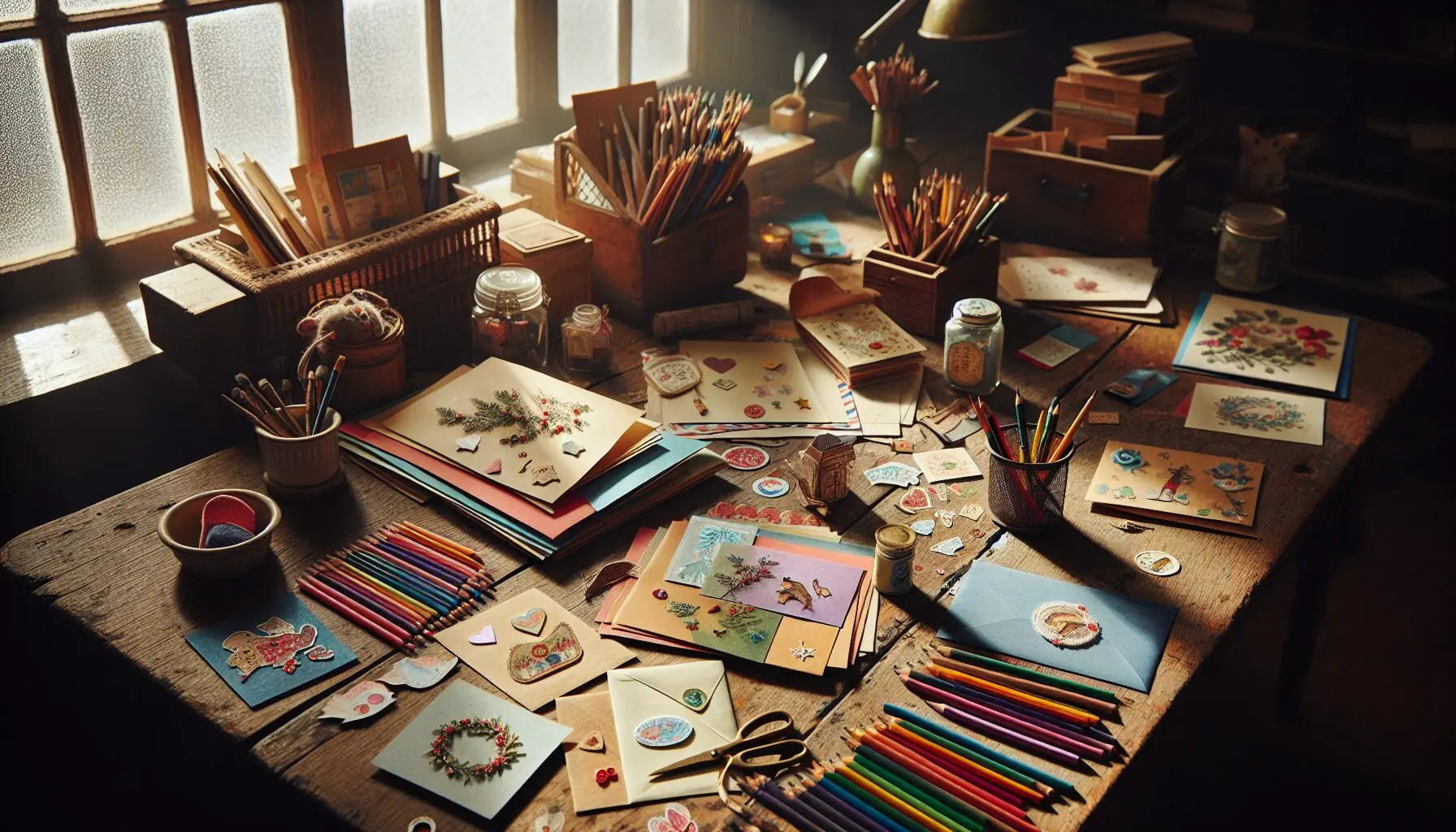 Generate an image of colorful craft supplies like paper, stickers, and crayons on a wooden table.