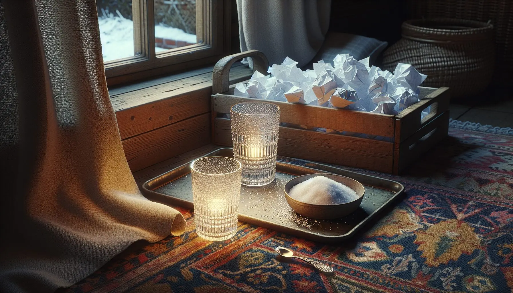 Illustrate various household objects creating winter soundscapes, set against a cozy backdrop.