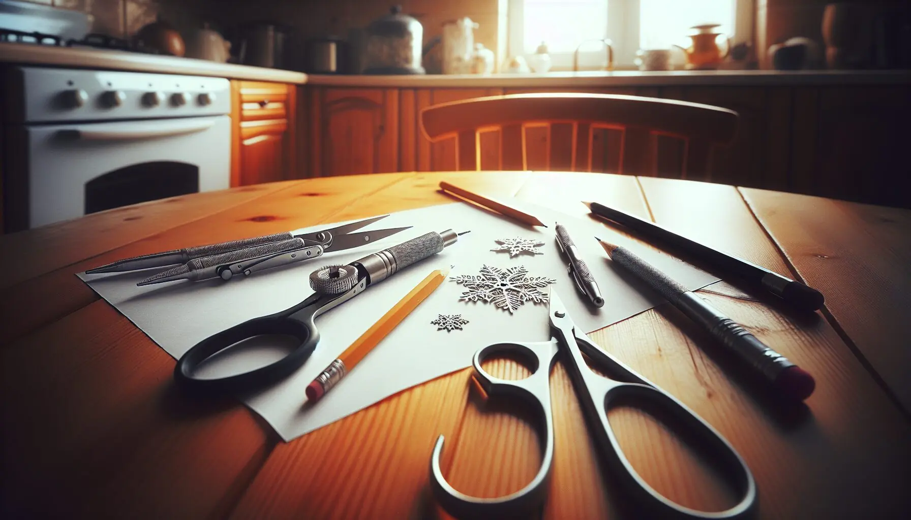 Generate an image of bright white paper, a pair of scissors, and a pencil on a cozy wooden table.