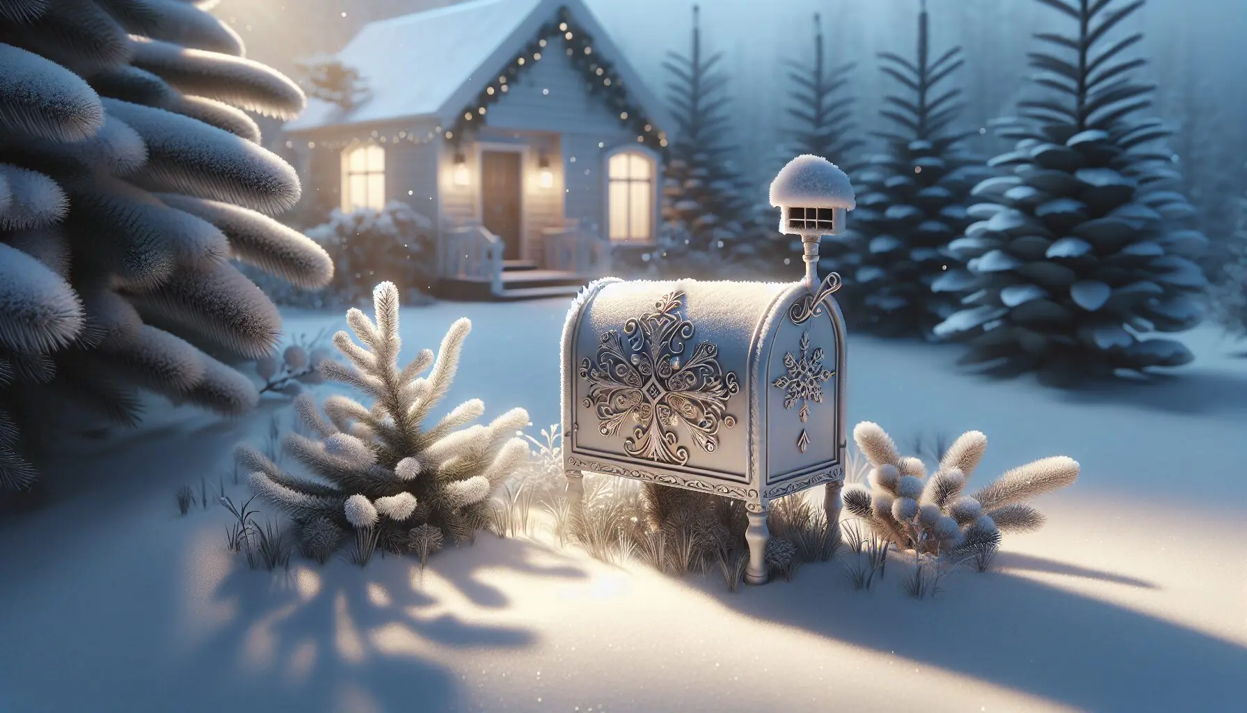 Generate an image of a whimsical winter landscape, with a small mailbox adorned with snowflakes.