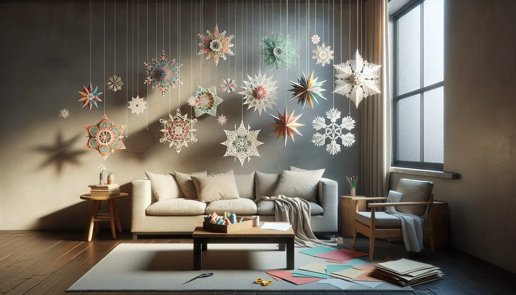 Generate an image of a colorful array of paper snowflakes hung with strings in a cozy room.