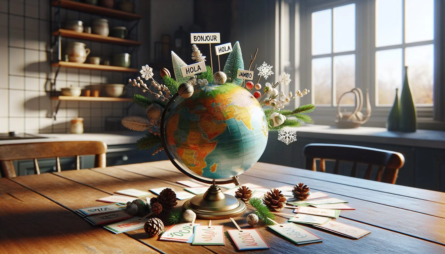 Generate an image of a globe with winter-themed decorations around it, illustrating the concept of different languages.