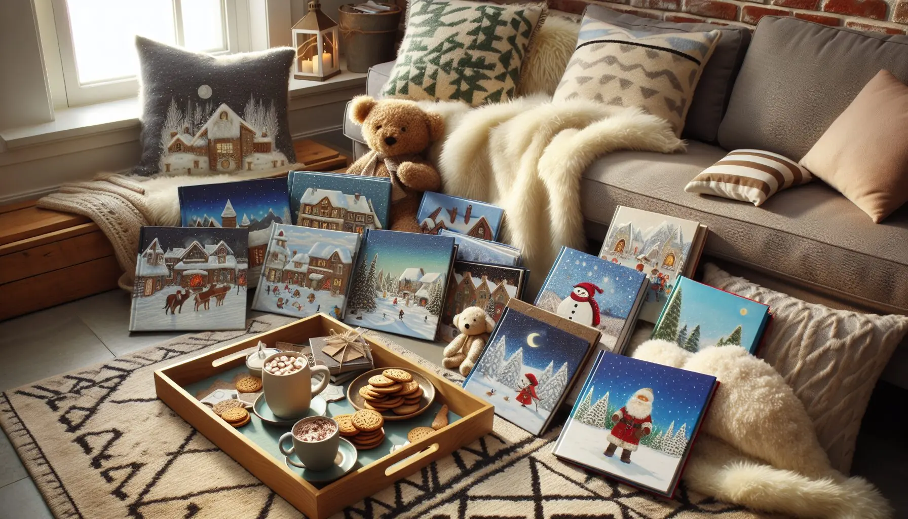 Generate an image of a small selection of children's books featuring winter scenes from various cultures.