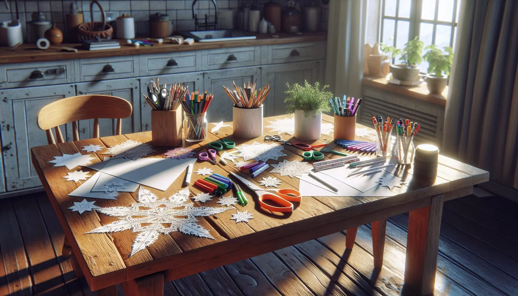 Generate an image showing folded paper shapes and child-safe scissors, highlighting the craft setup.