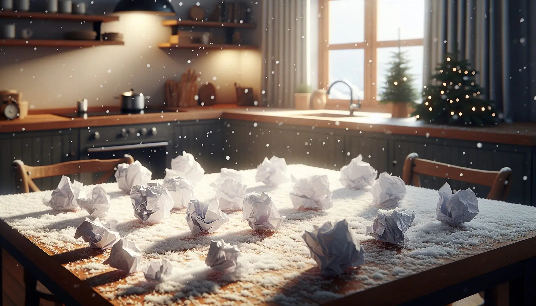 Generate an image of crumpled white paper resembling snow on a wooden table.