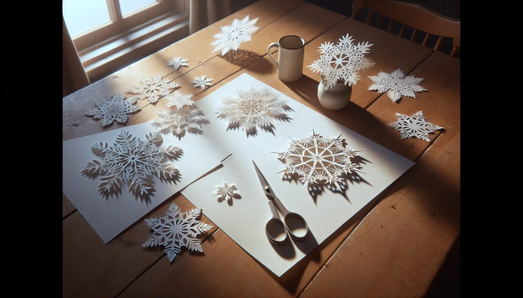 Generate an image of delicate, symmetrical paper snowflakes scattered over a wooden table.