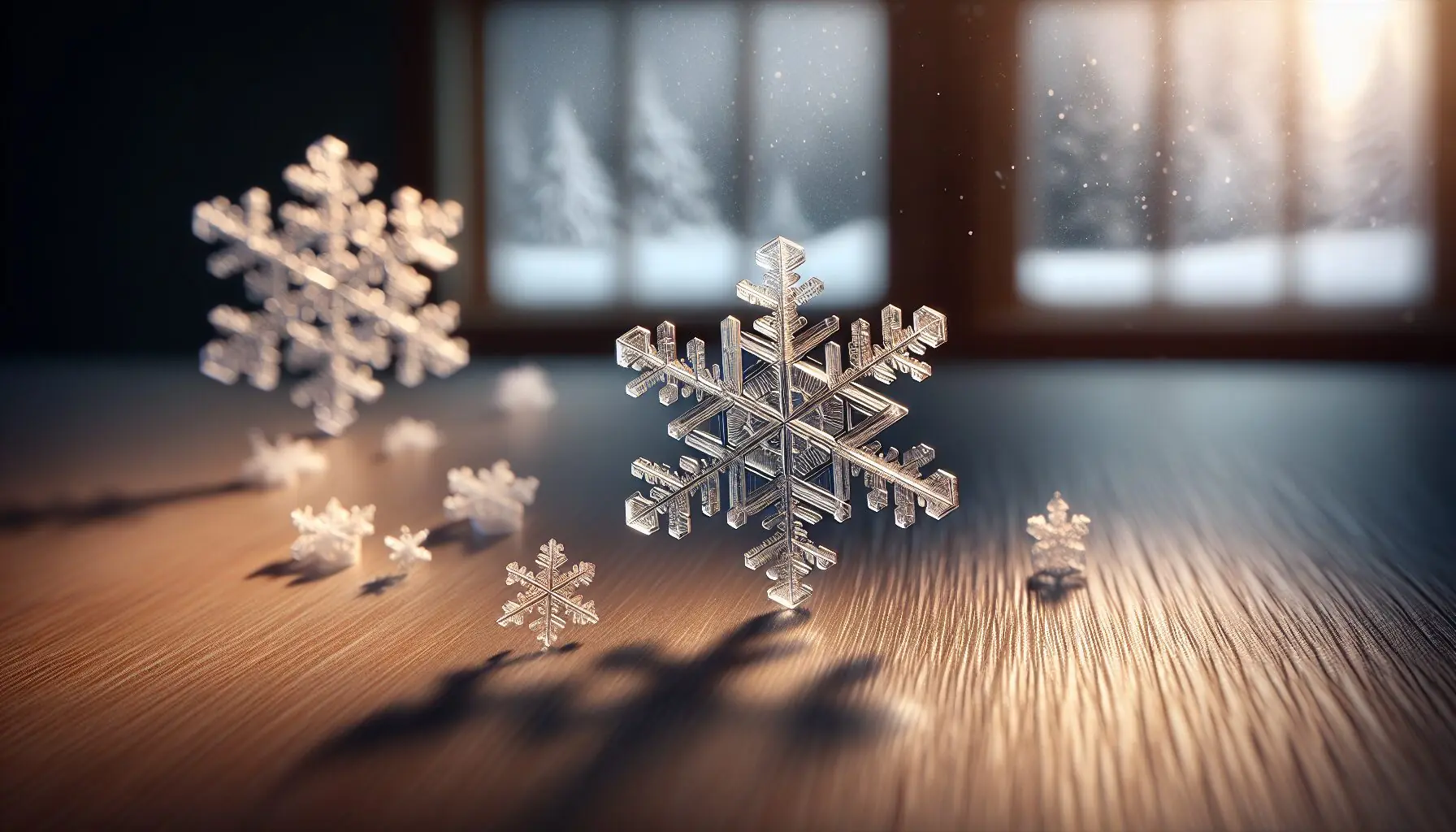 Generate an image of intricate, natural snowflake patterns with a soft snowy backdrop.