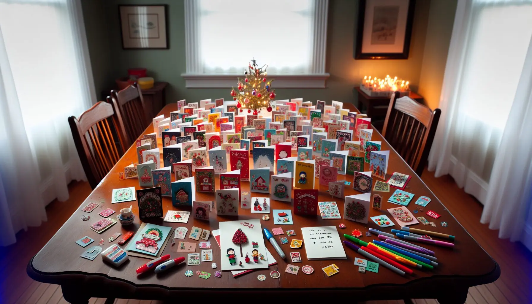 Generate an image of small, handmade winter greeting cards, some with various cultural greetings and heart stickers.