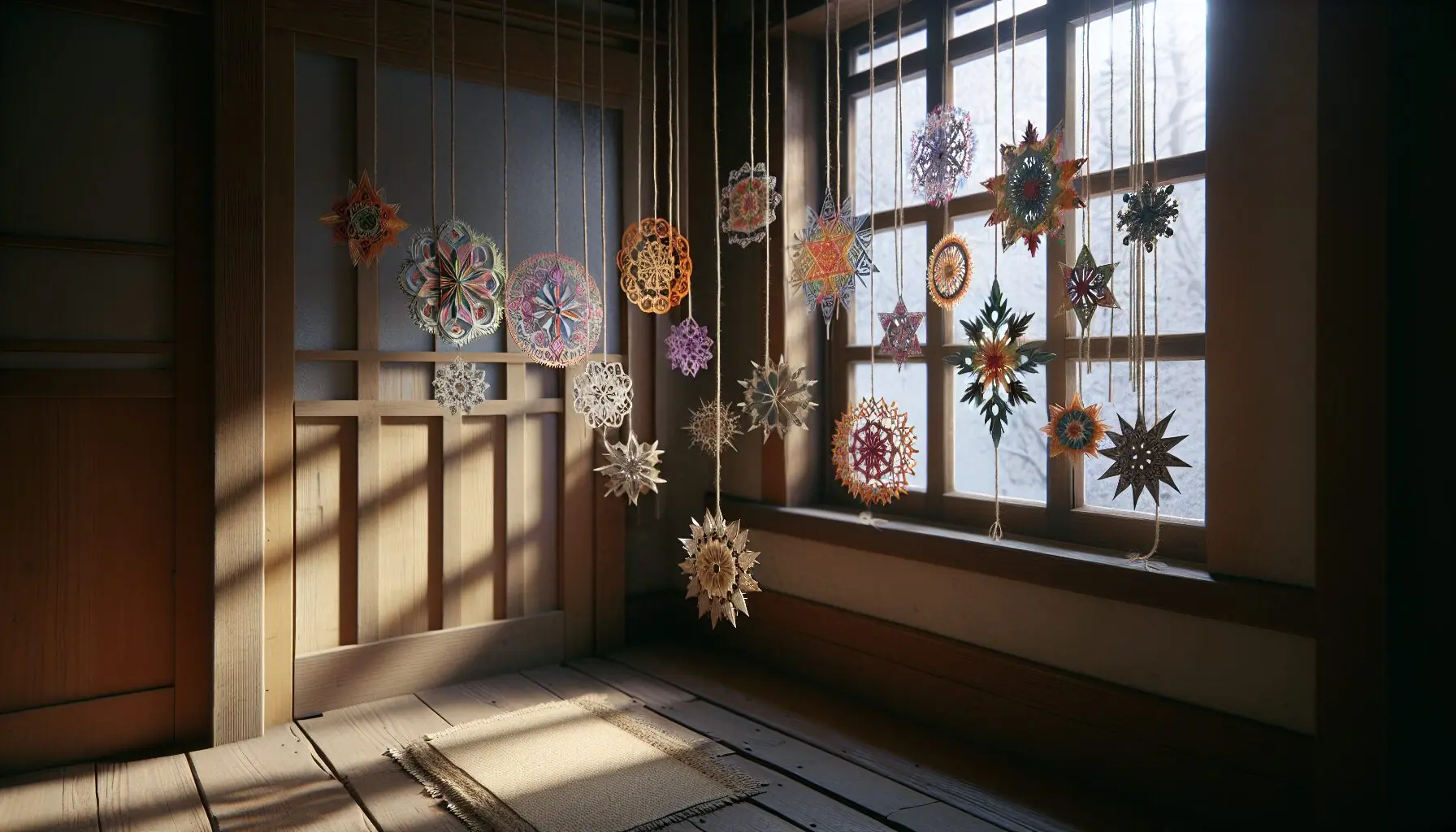 Generate an image of colorful, decorated paper snowflakes hanging on a string against a window.