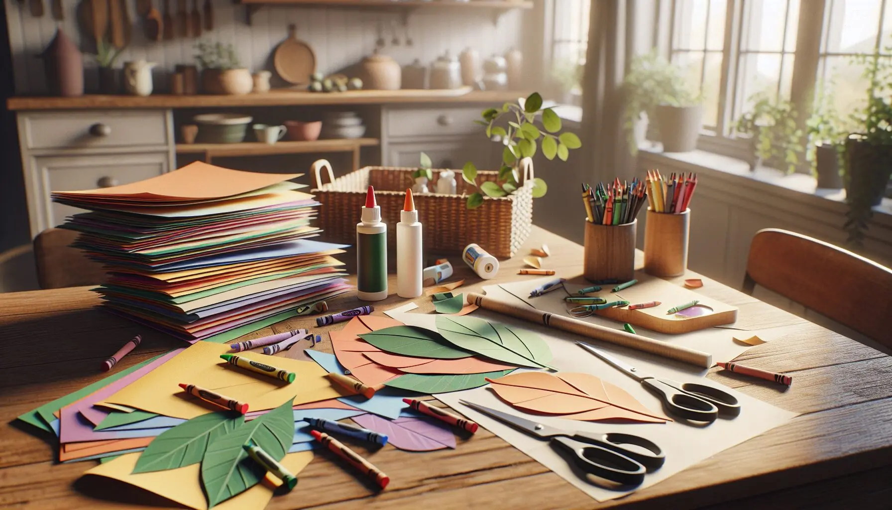 Generate an image of a cozy room with crayons and construction paper scattered on a table.