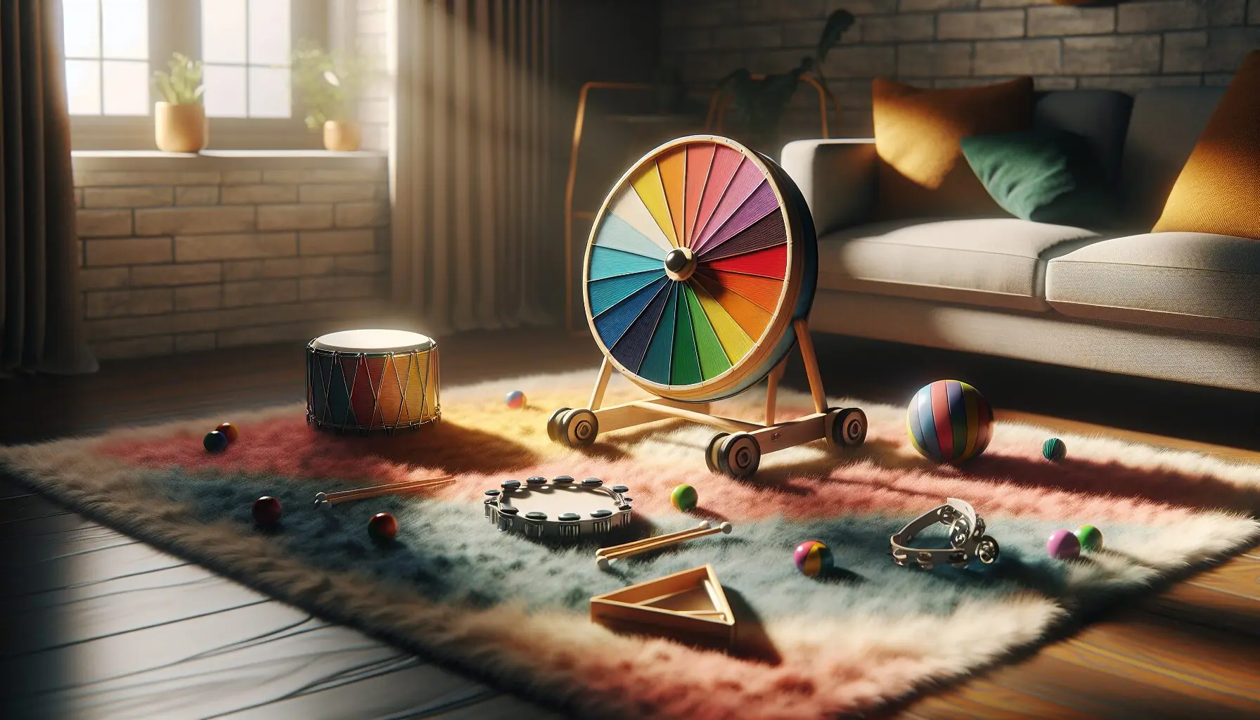 Generate an image of a vibrant color wheel with basic instruments like a tambourine, a small drum, and a triangle placed around it.