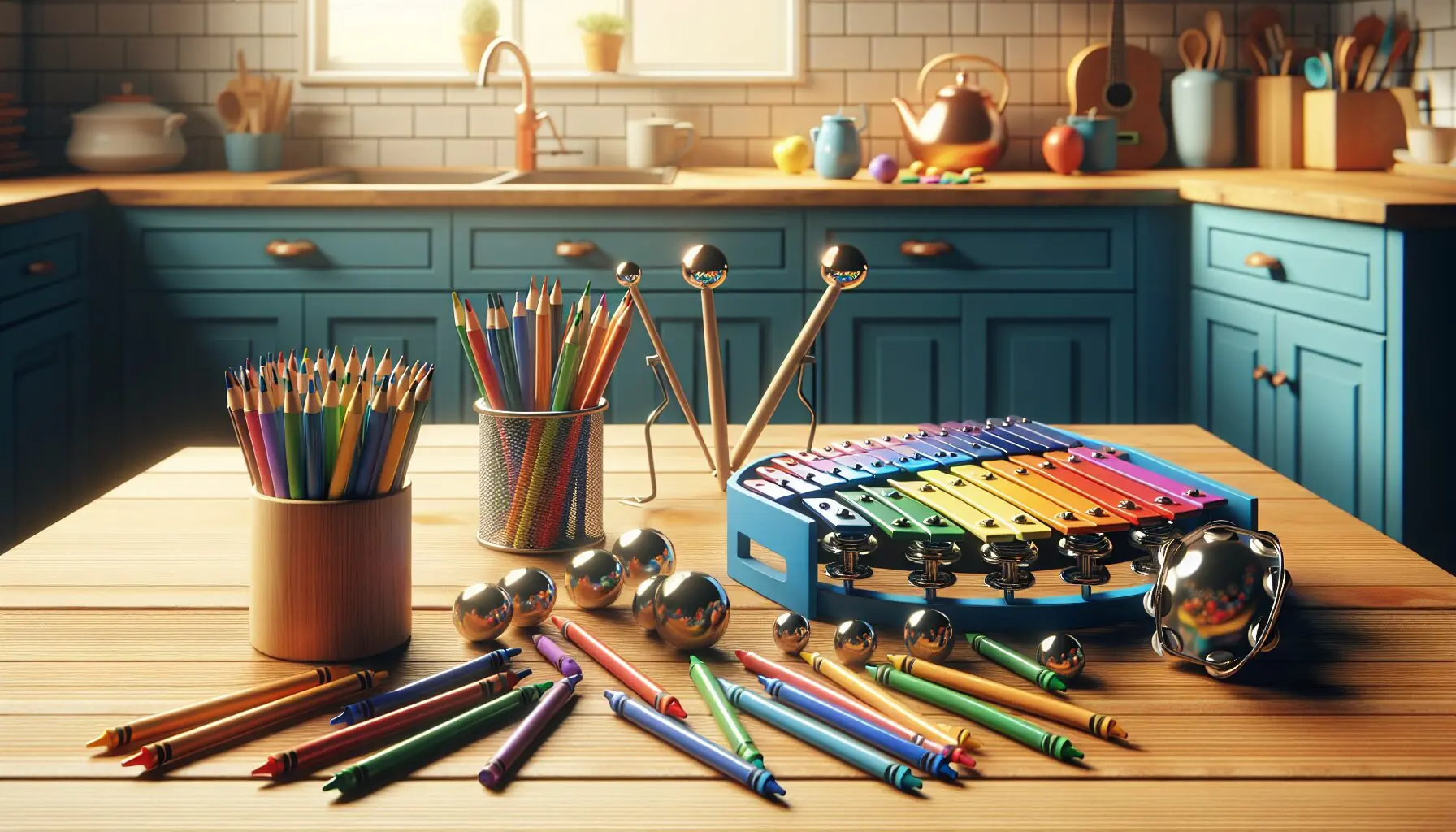 Generate an image of colorful crayons and simple instruments like a small xylophone and a blue tambourine laid out on a table.