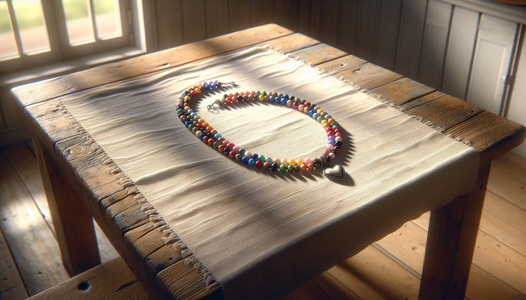 Generate an image of a completed colorful necklace with a centerpiece charm, lying on a cozy tablecloth.