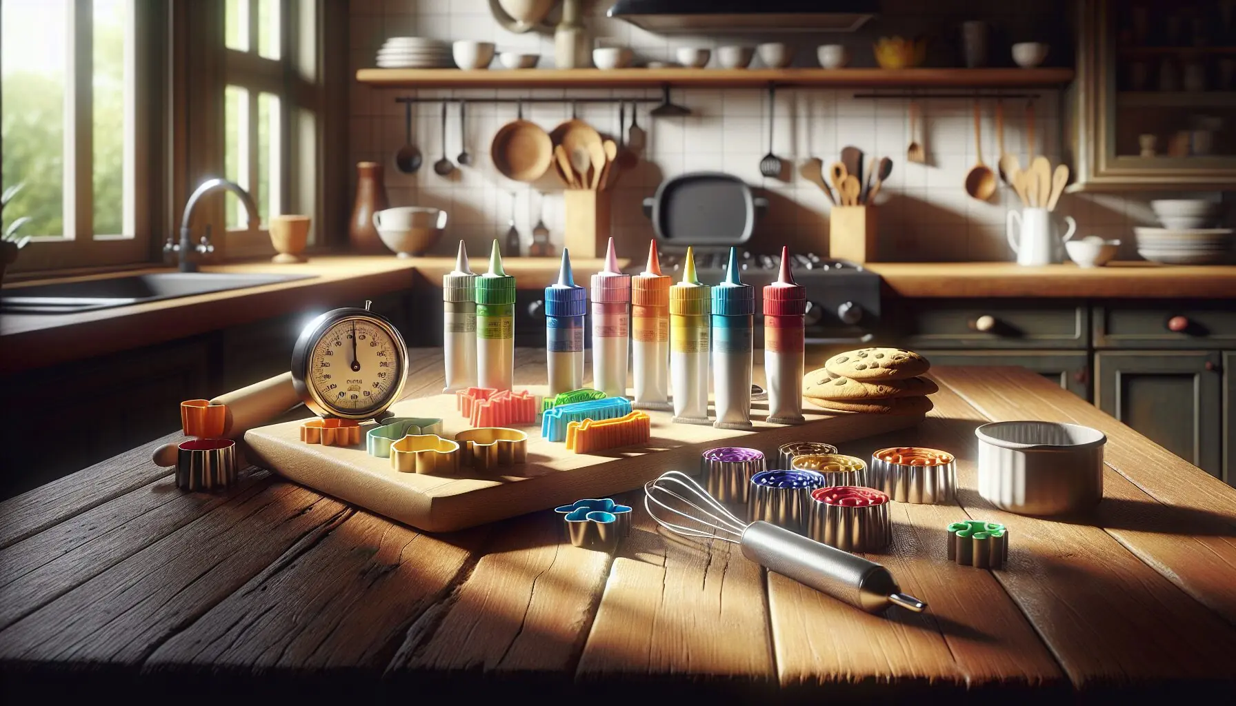 Generate an image of colorful icing tubes and cookie cutters, with a timer in the background.