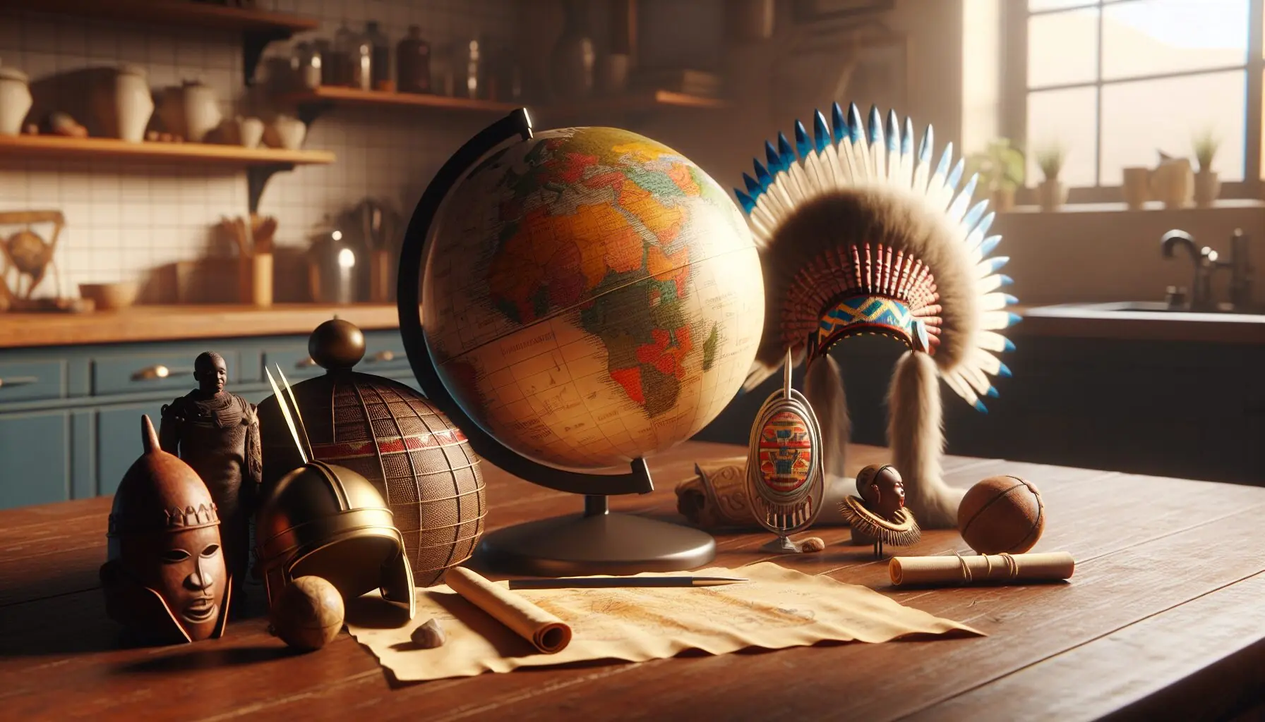 Generate an image of a globe surrounded by small icons representing different cultures like samurai helmets, Maasai shields, etc.