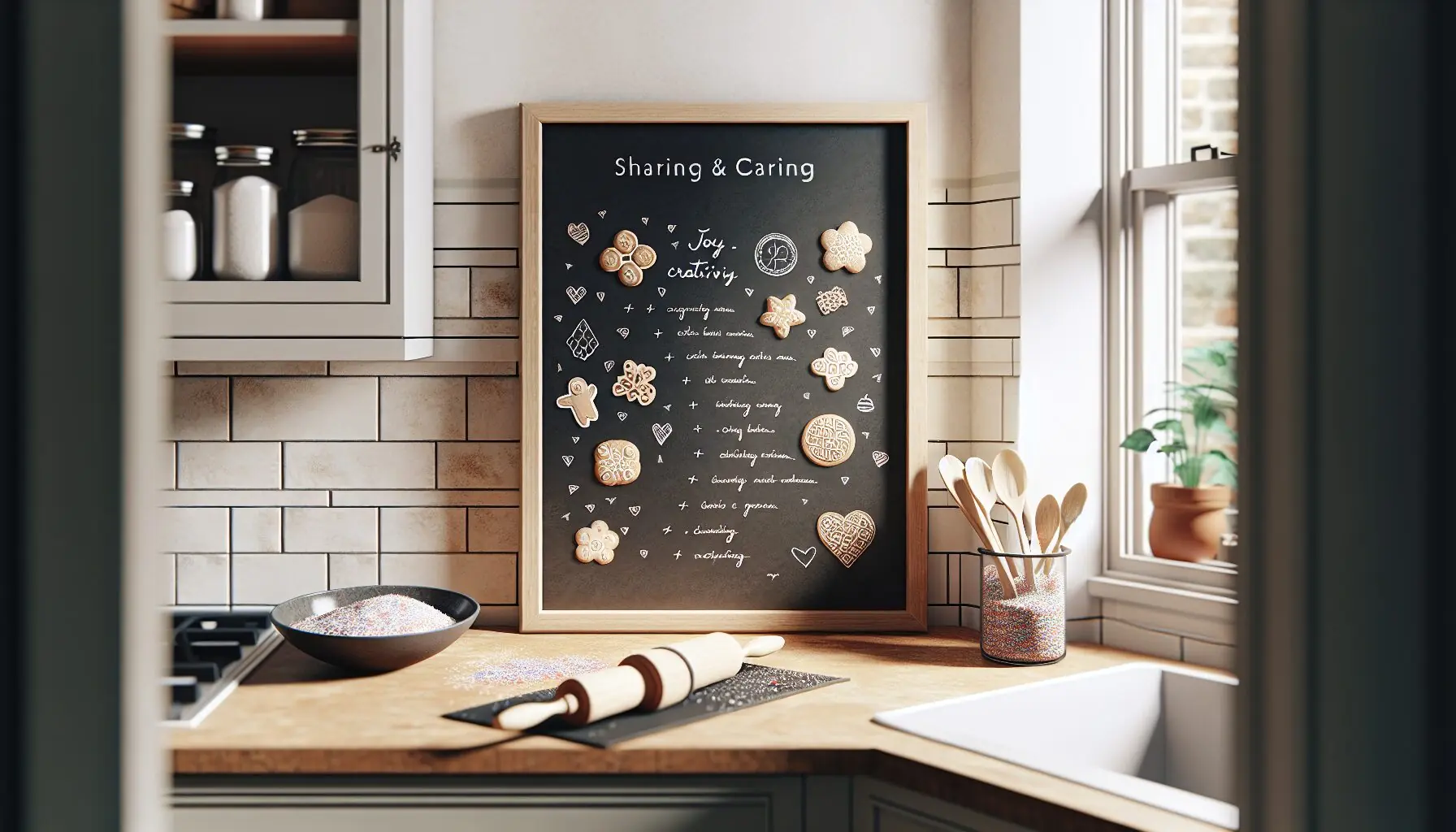 Generate an image of a chalkboard with drawings of cookies and sprinkles, alongside a checklist of 'Sharing & Caring' words.