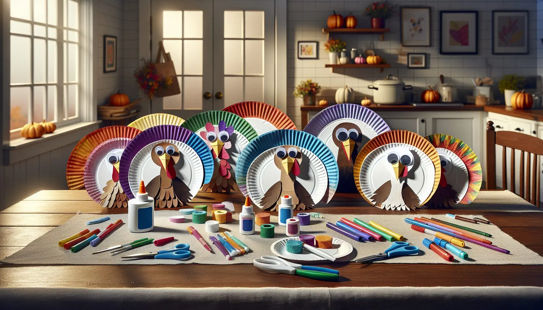 Generate an image depicting a collection of paper plate turkeys, showcasing diverse colors and styles.