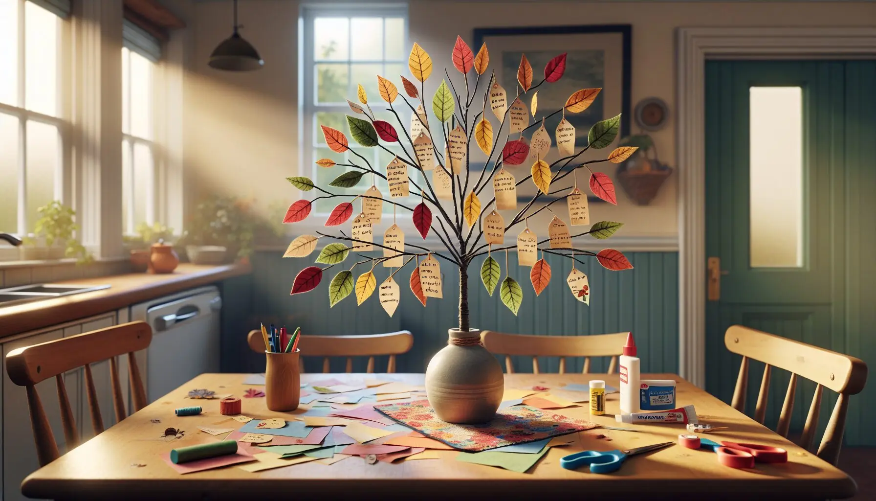 Generate an image of a decorated Gratitude Tree with leaves featuring written notes.