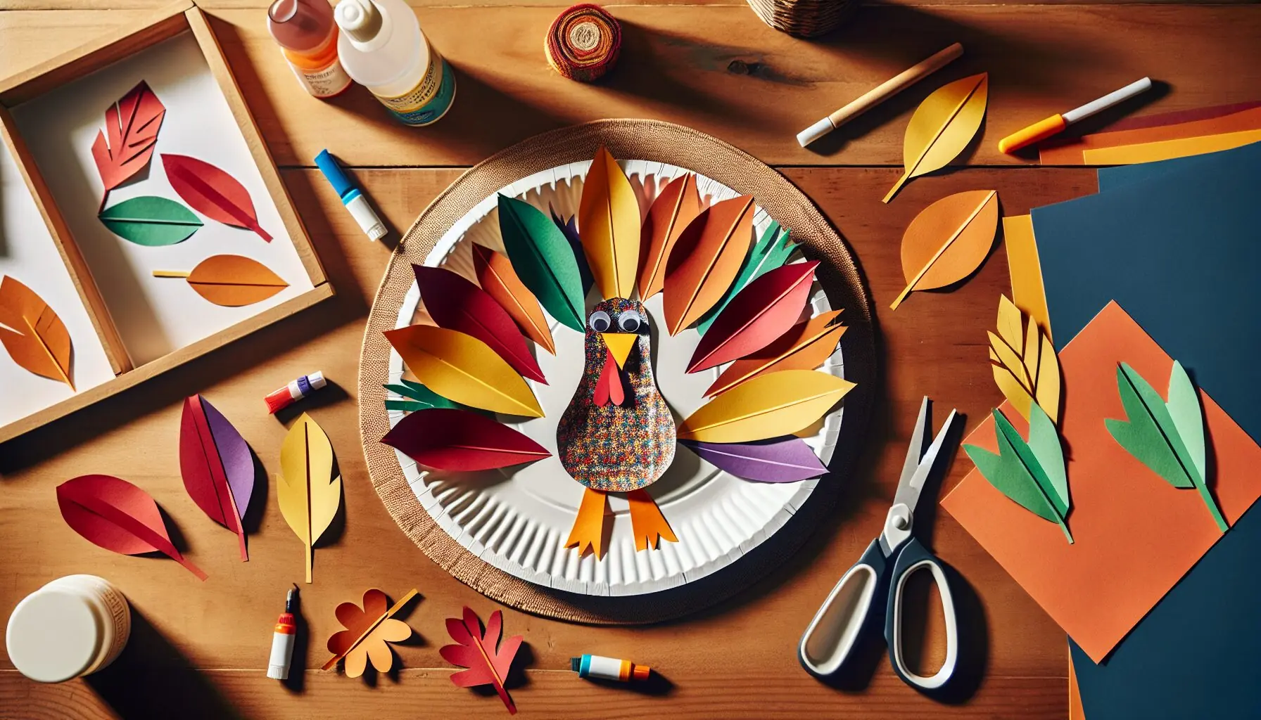 Generate an image of a handcrafted paper plate turkey with colorful feather cutouts and a playful beak.