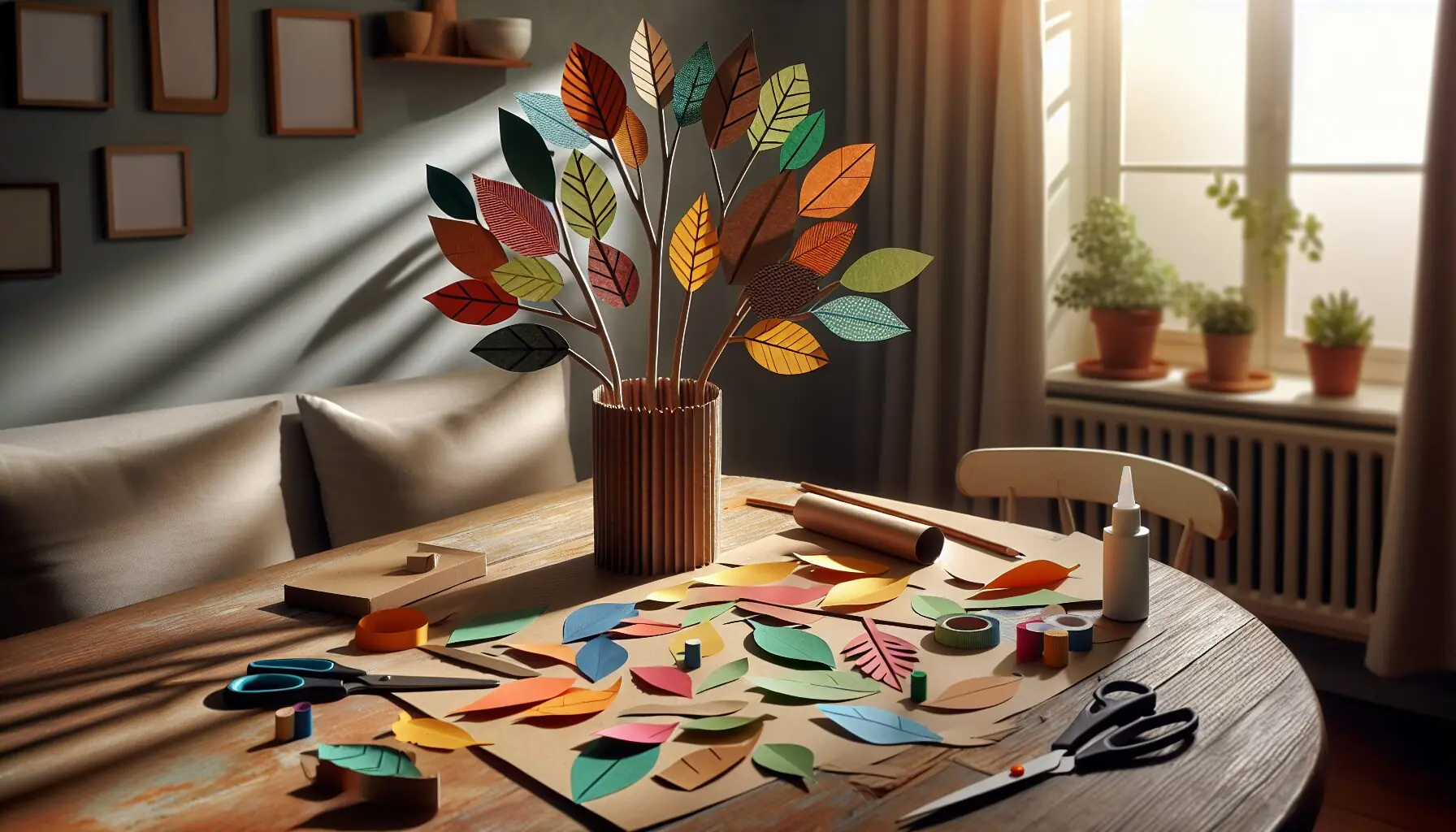 Generate an image showing various colored construction paper cut into leaf shapes and a brown paper trunk.