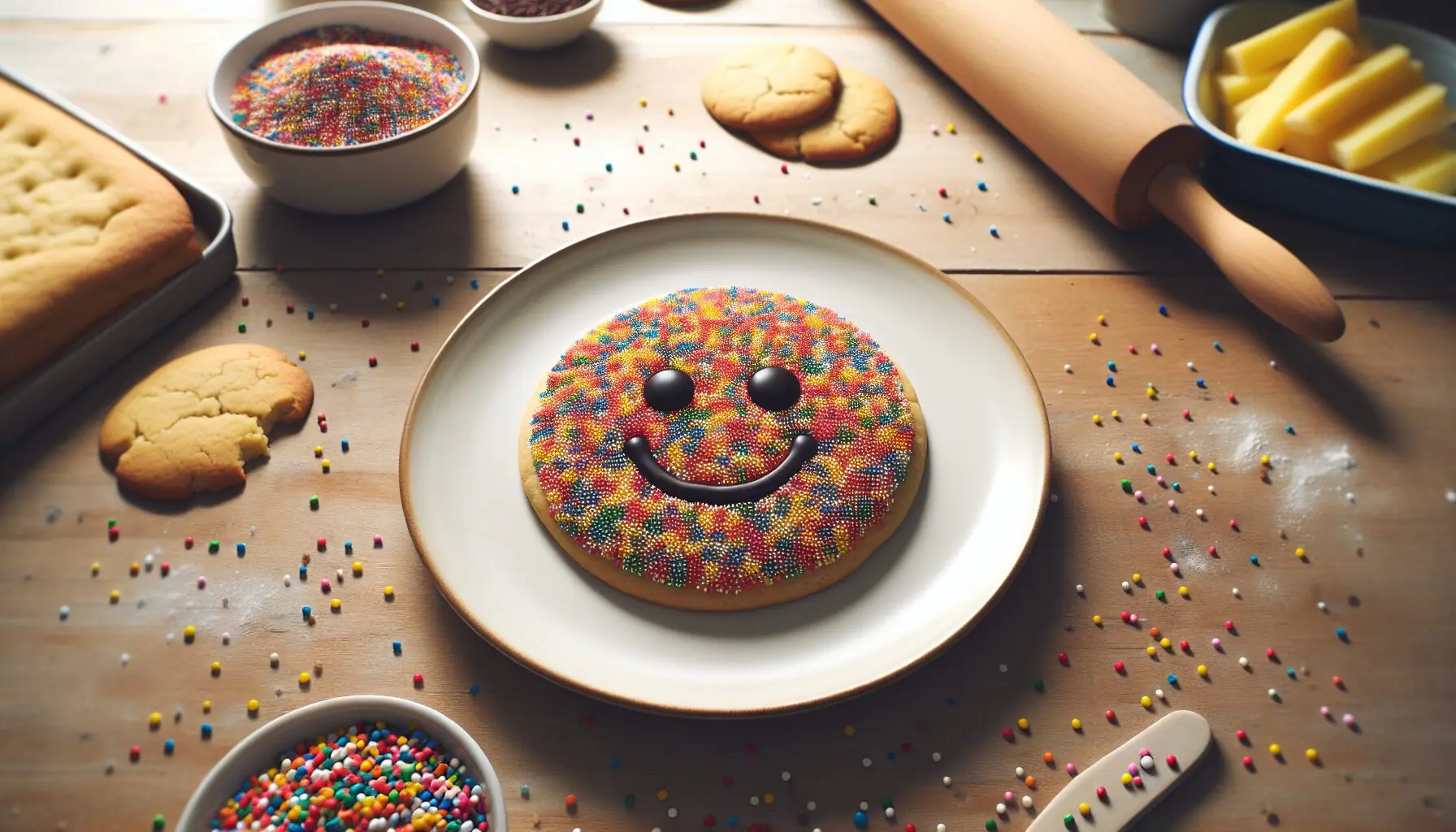 Generate an image of a decorated cookie with mixed sprinkles portraying a happy face on a joyful kitchen counter.