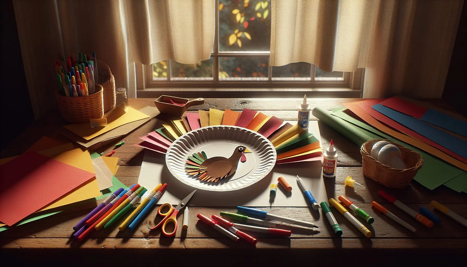 Generate an image of vibrant art supplies like colored paper and markers arranged with a blank paper plate.