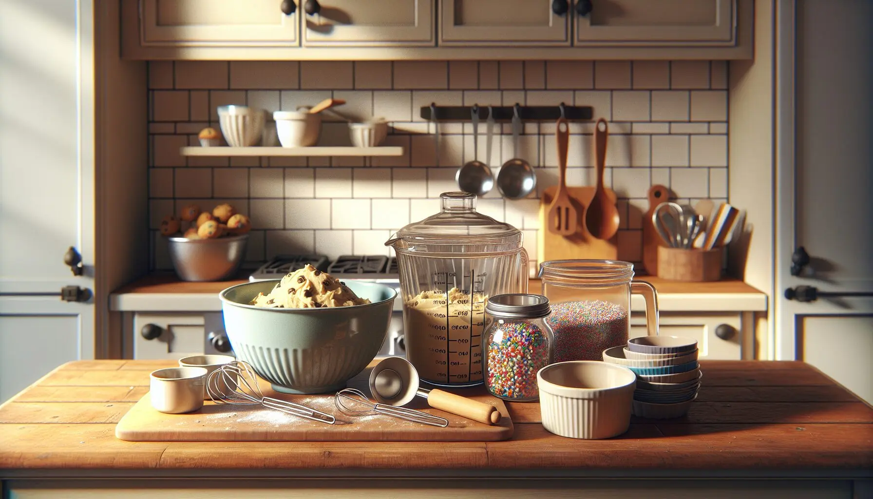 Generate an image of a cozy kitchen setting with measuring cups, cookie dough, and sprinkles on a table.