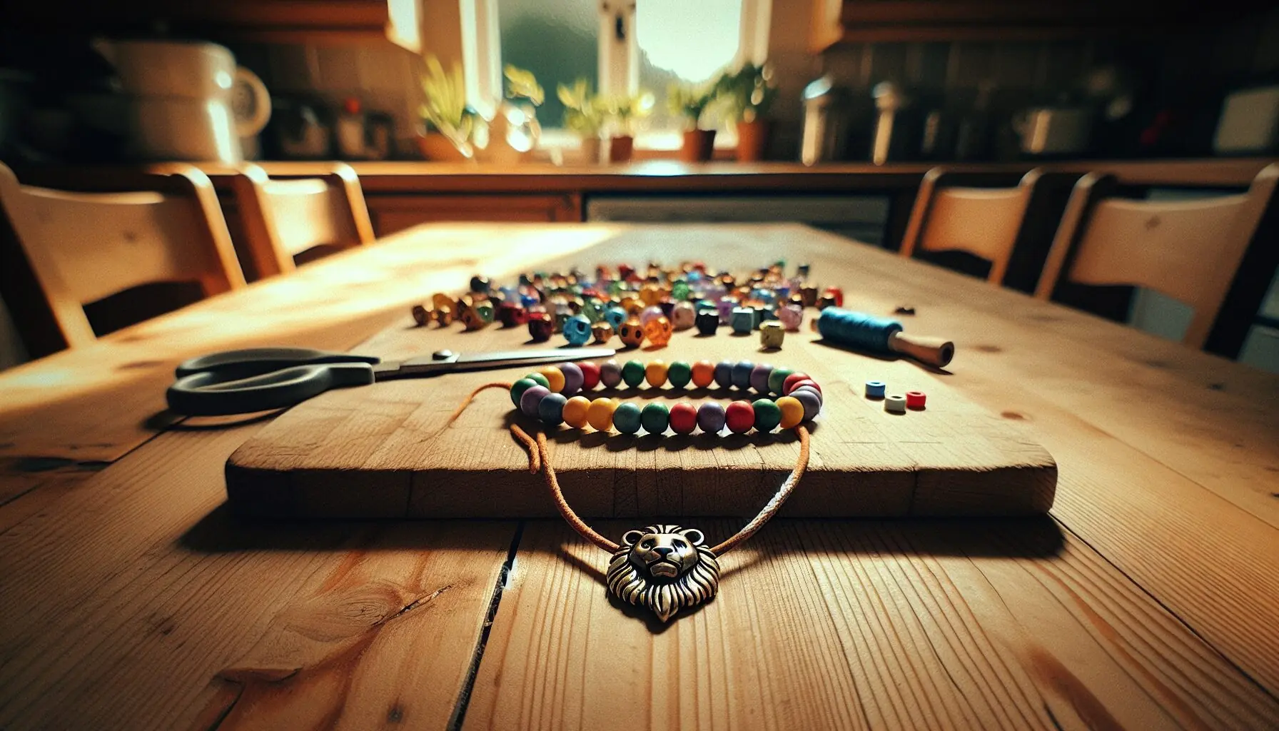 Generate an image of colorful beads and a small lion charm on an elastic string, set on a craft table.