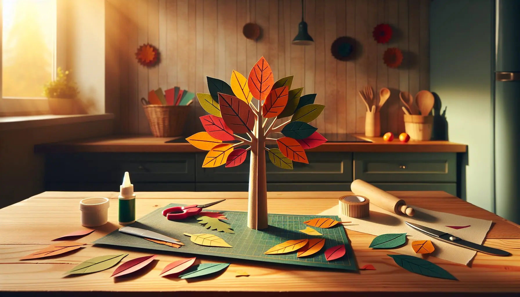 Generate an image depicting a child's hand placing a brightly colored leaf on a paper tree.