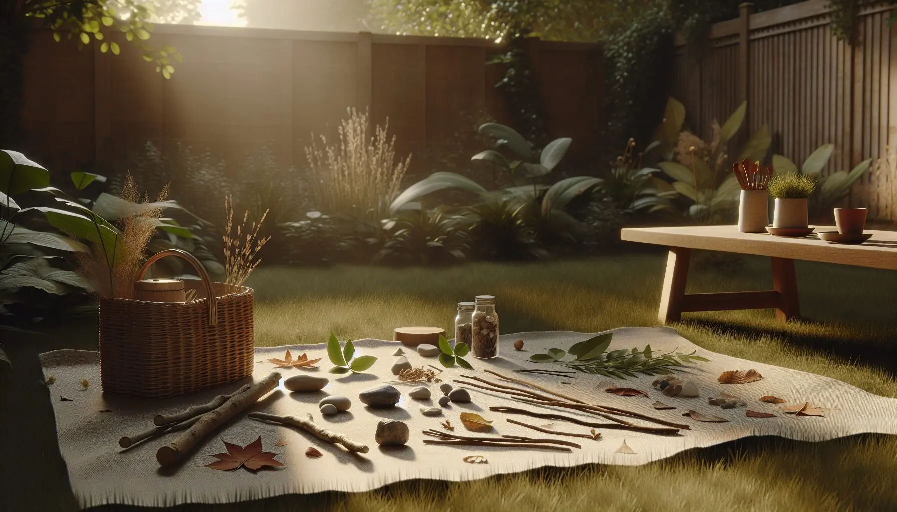 Generate an image showing different natural items like sticks and leaves on a picnic blanket in a garden.
