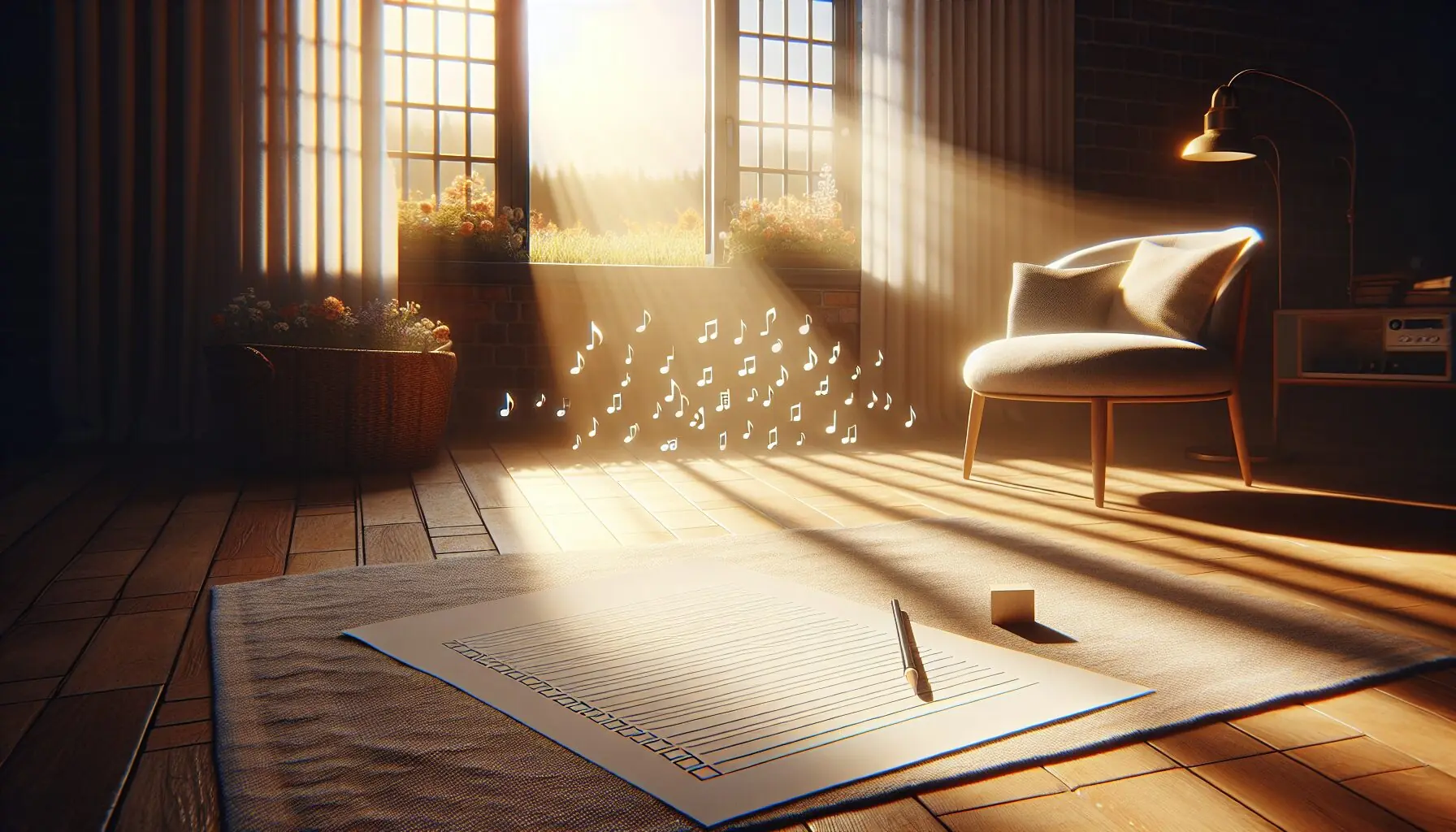 Create an illustration of a cozy family living room with an open window showing musical notes floating in.