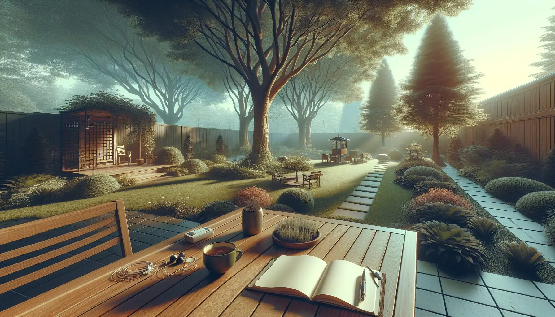 Generate an image of a serene park scene with trees gently swaying in the breeze.