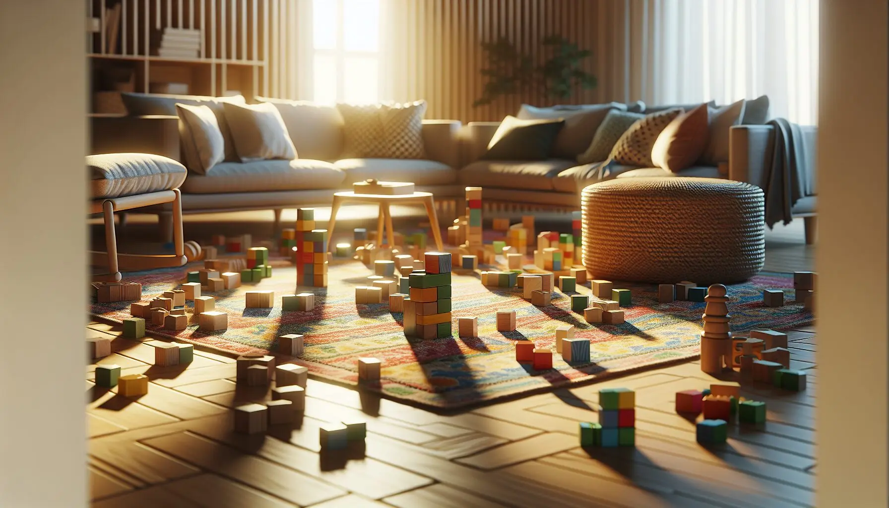 Generate an image of a cozy living room with colorful wooden building blocks scattered across a play mat.