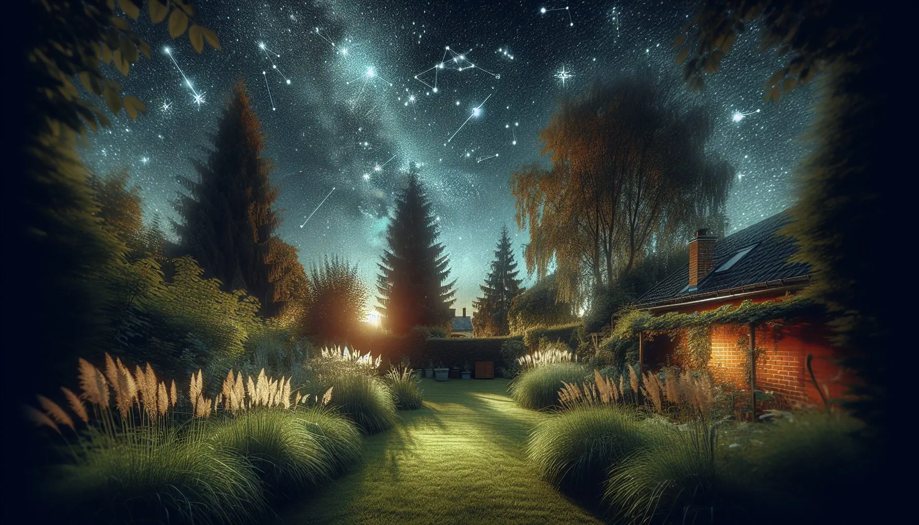 Generate an image of a calm night sky with visible stars, framed by tall grass or trees.
