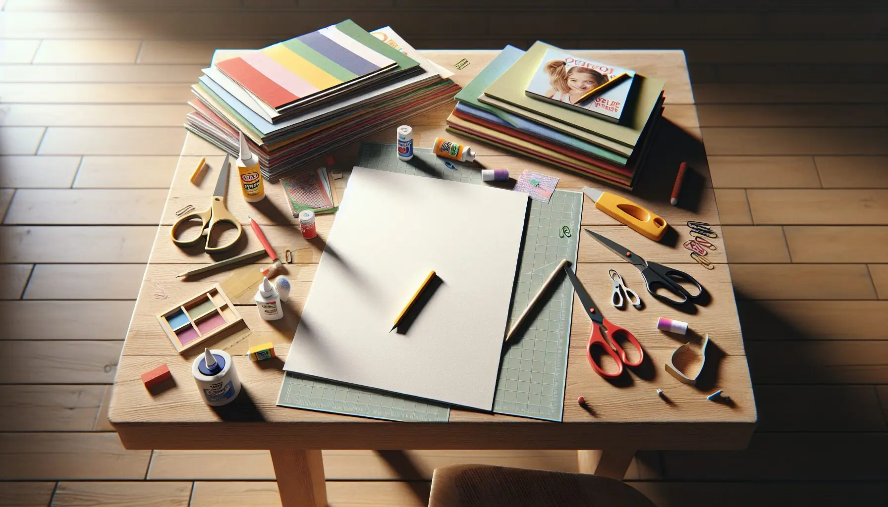 Generate an image of a table filled with colorful magazines, scissors, glue sticks, and a large piece of blank cardstock.