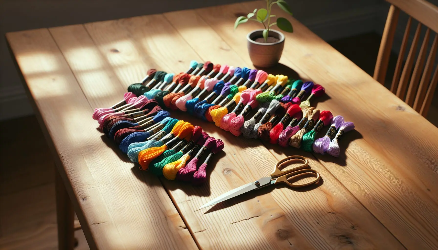 Generate an image of multicolored embroidery floss and scissors on a wooden table.