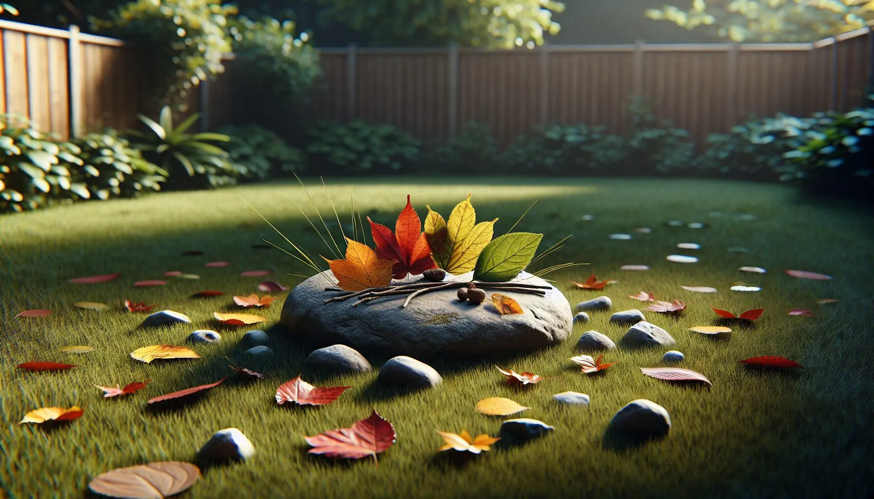 Generate an image depicting a joyful mix of colorful leaves and sticks with rhythmic patterns on a rock.