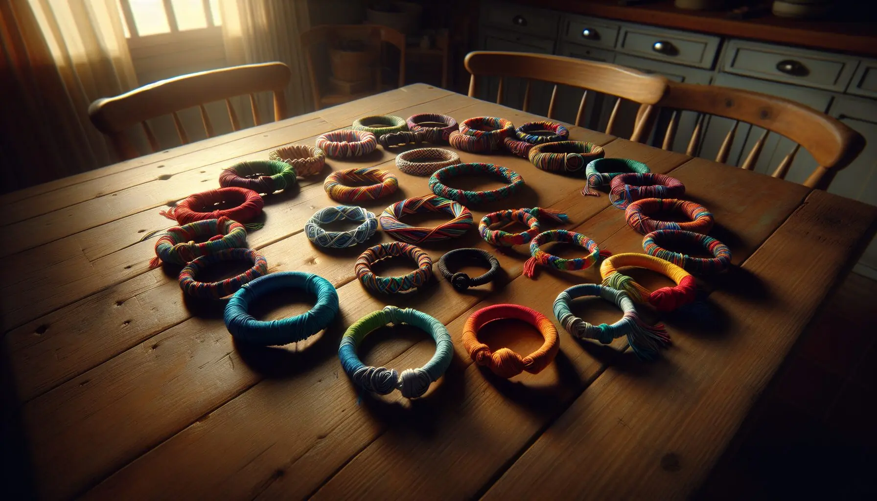 Generate an image of a collection of colorful thread bracelets arranged in a circle.