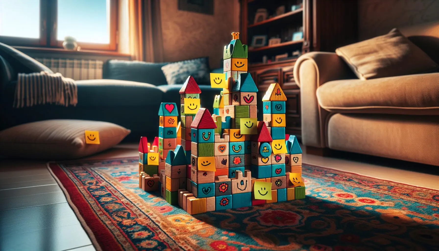 Generate an image of a whimsical block castle, with playful notes and smiley faces representing joy and collaboration.
