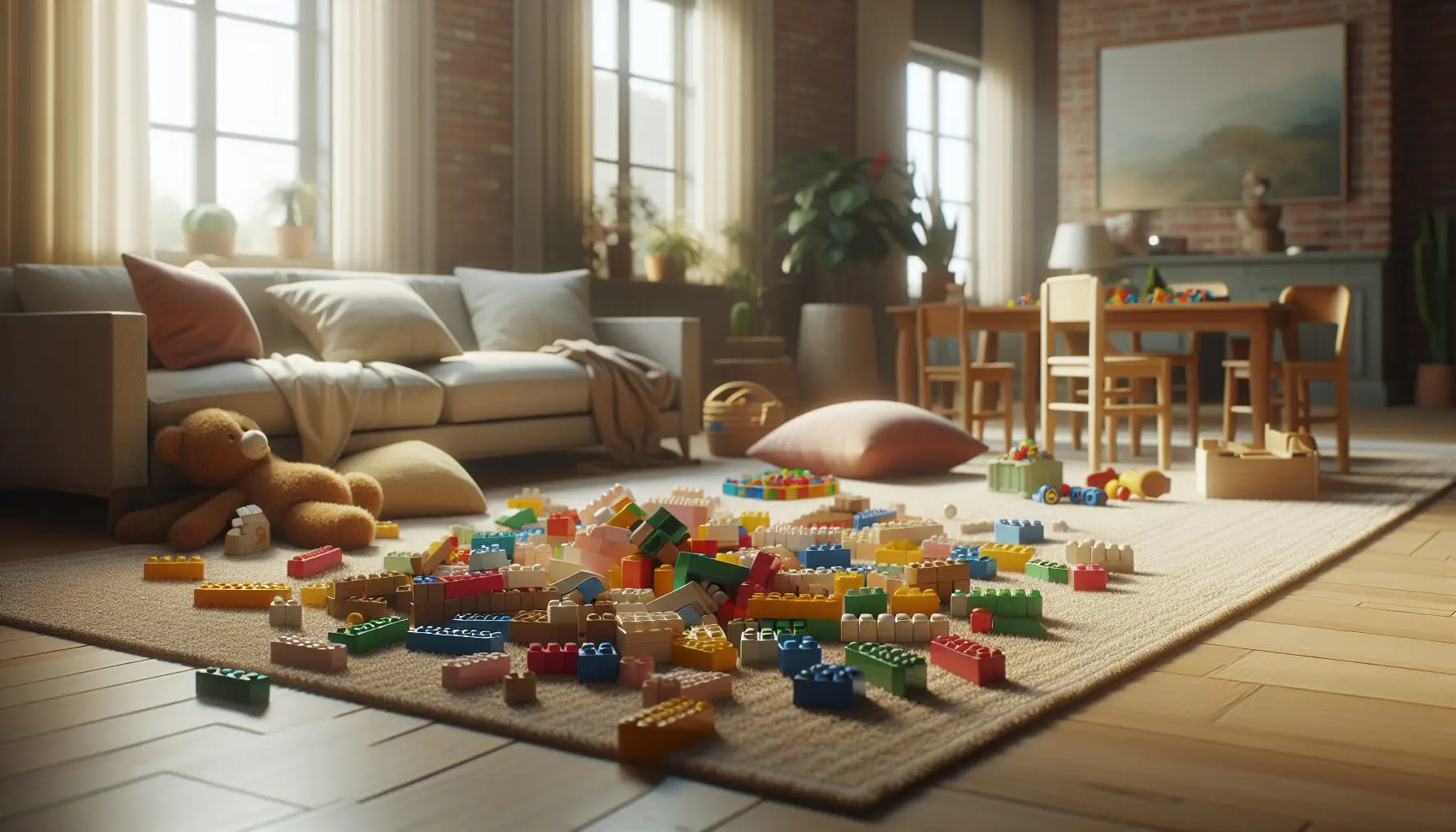 Generate an image of building blocks laid out neatly alongside a play mat, highlighting a space prepared for a creative building activity.