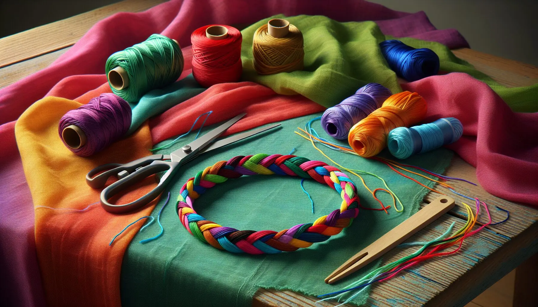 Generate an image of a partially completed braided bracelet on a bright cloth surface.