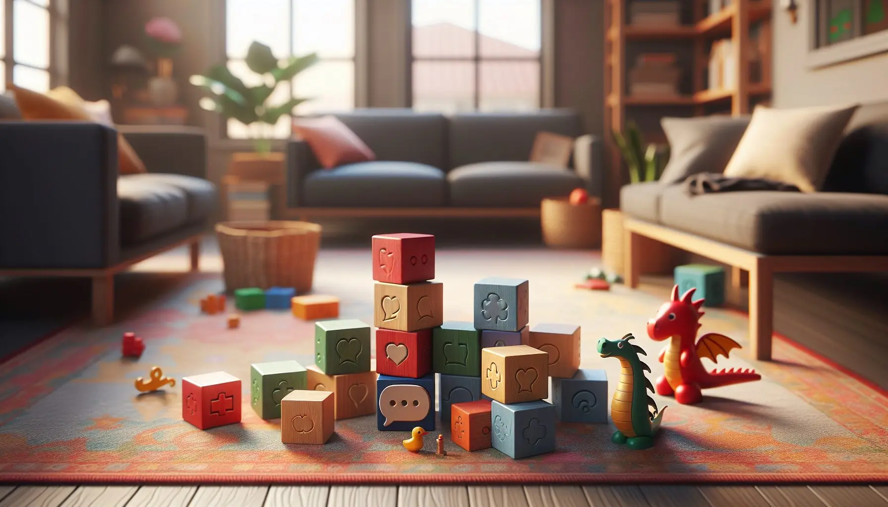 Generate an image illustrating the benefits of play: symbols of communication, teamwork, and empathy surrounded by building blocks.