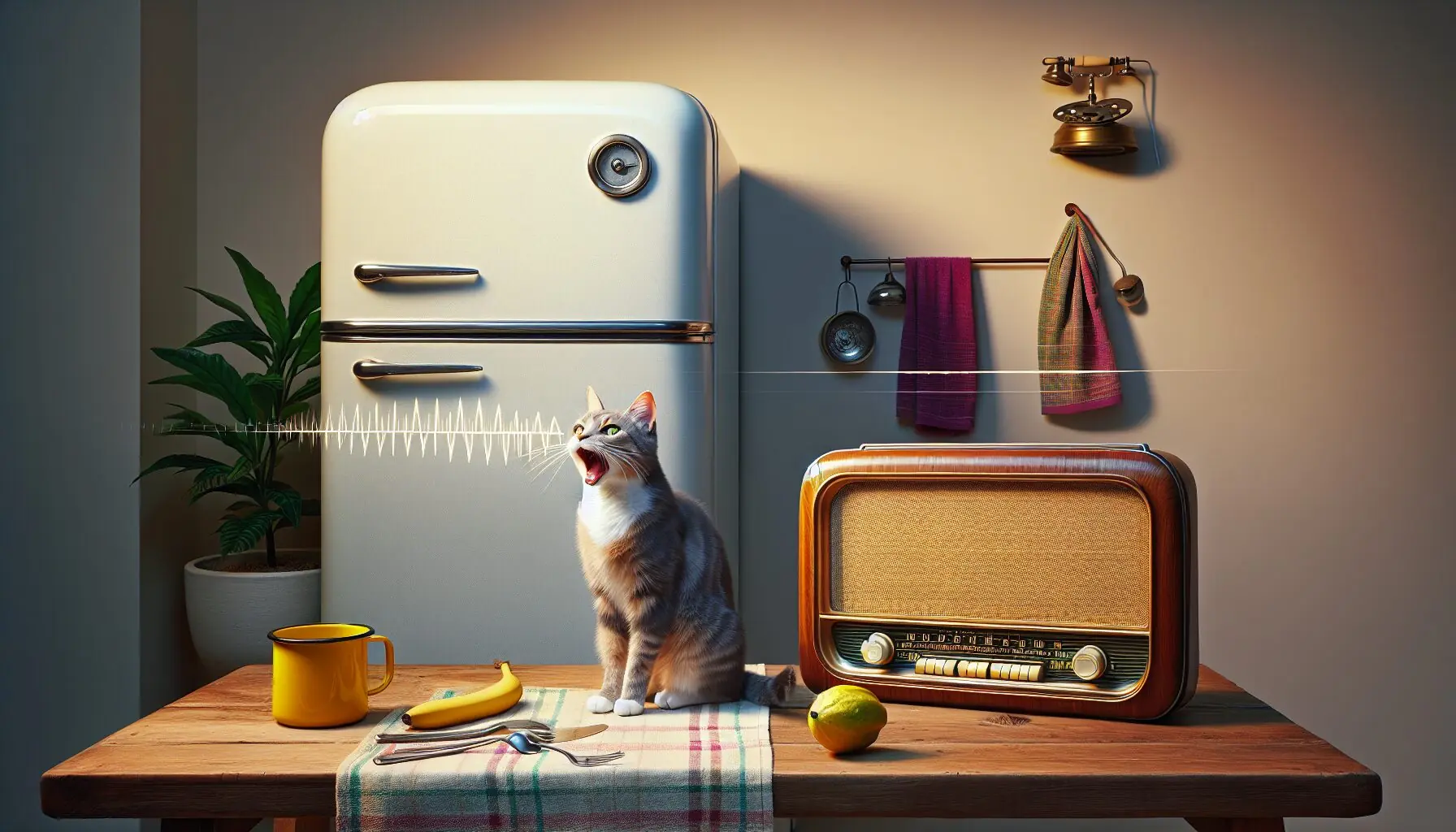 Illustrate various quirky, humorous sound elements, like a fridge buzzing or a cat meowing, set against a colorful backdrop.