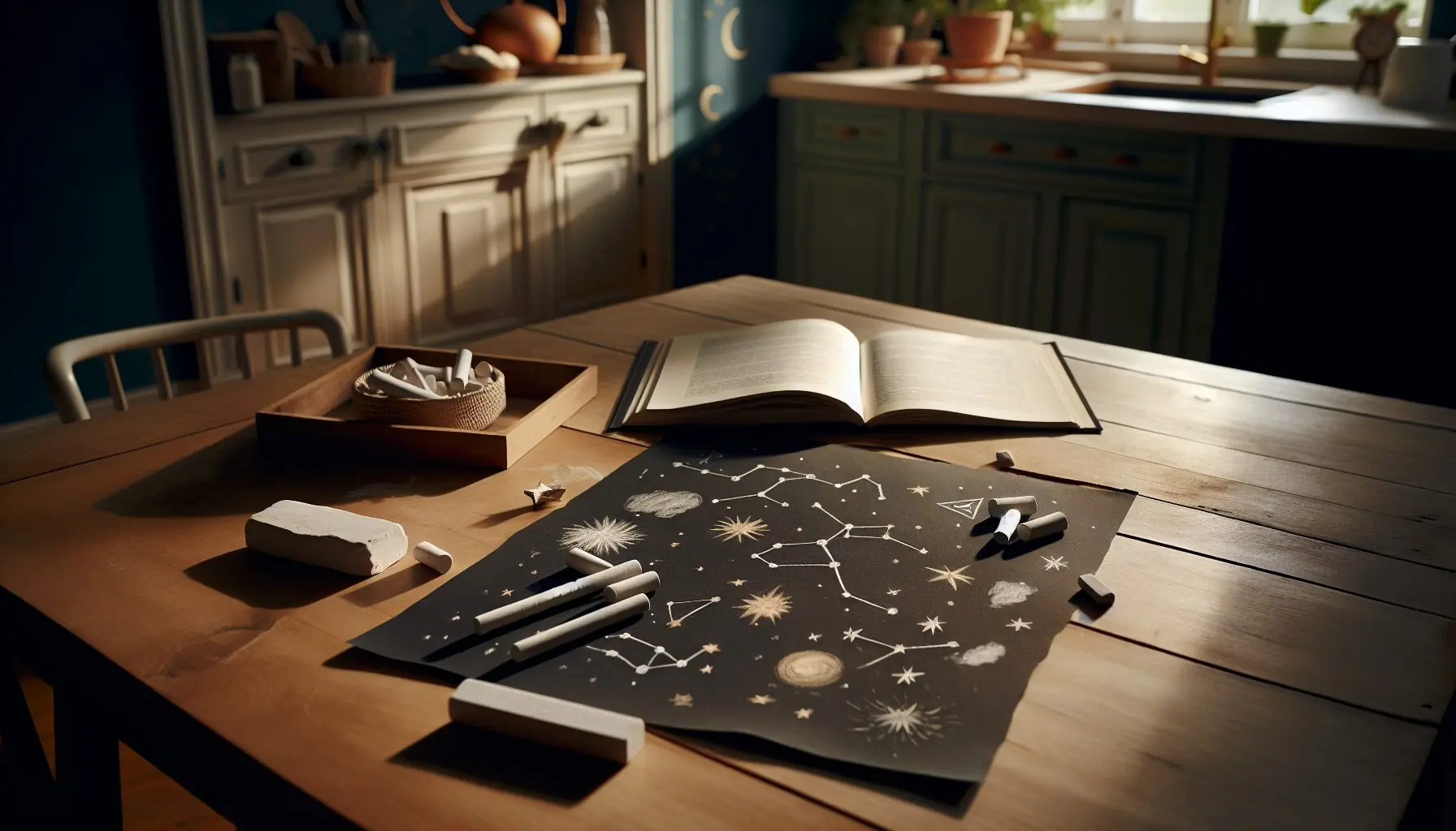 Produce a whimsical image depicting various constellations drawn with white chalk on black paper.