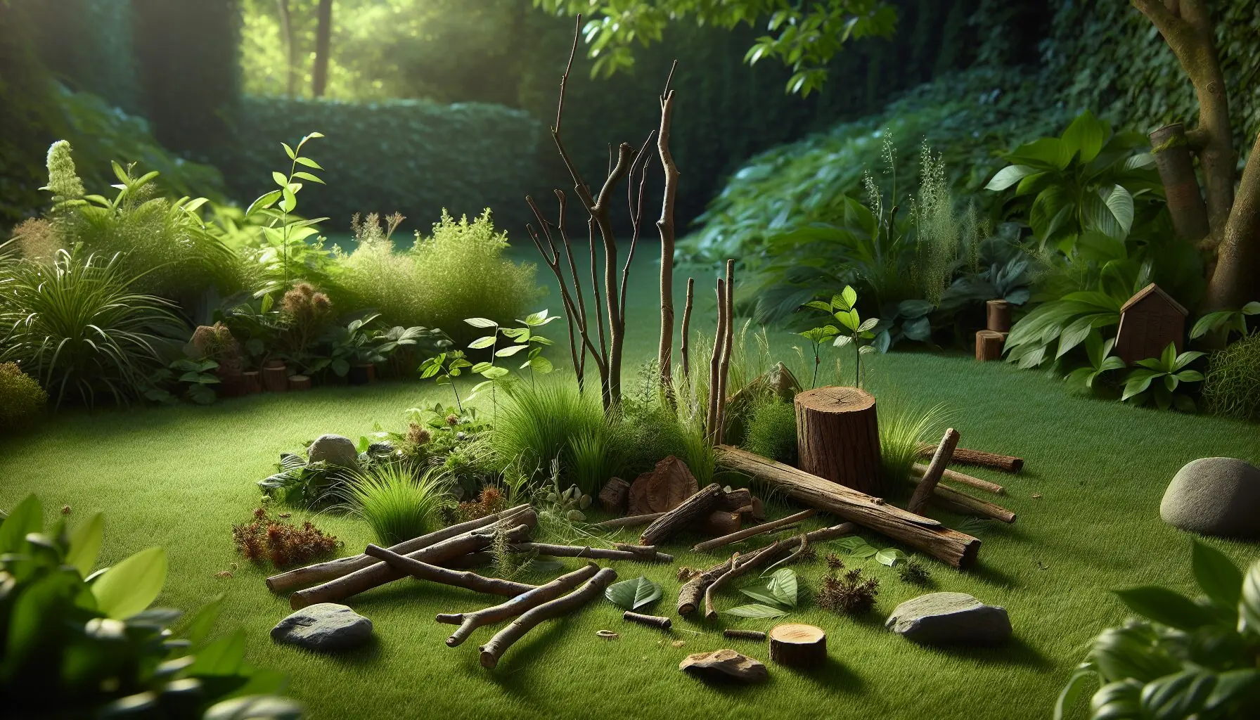 Generate an image of a peaceful garden area with various sticks, leaves, and rocks arranged artistically.