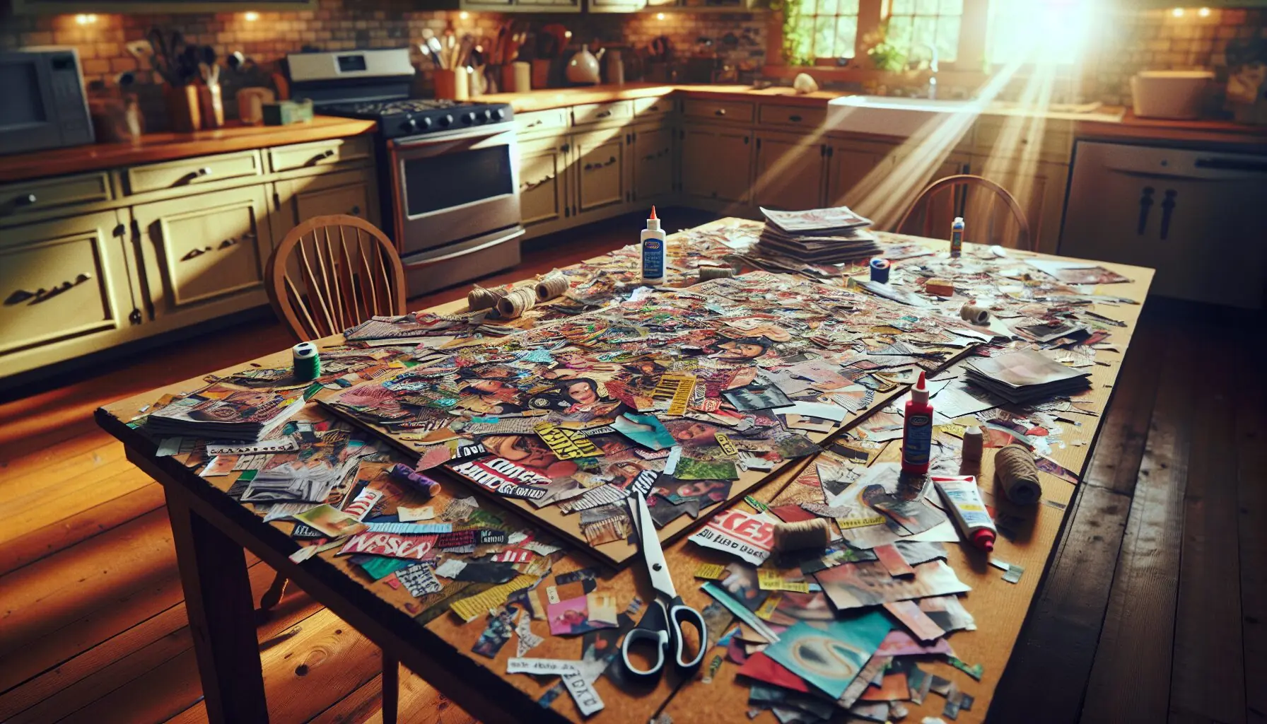 Generate an image of a completed collage showing a mix of cut-out pictures and words from magazines laid on a colorful background.