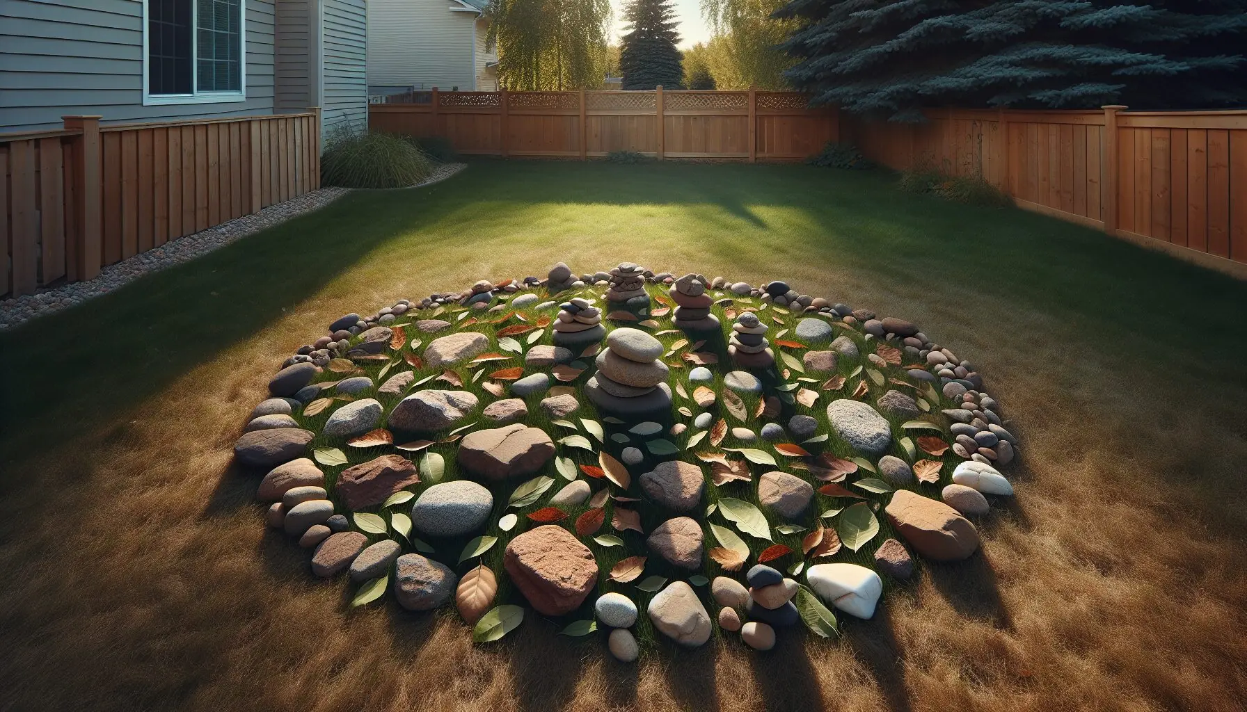 Generate an image of assorted rocks and leaves placed to form a harmonious circle in a natural setting.