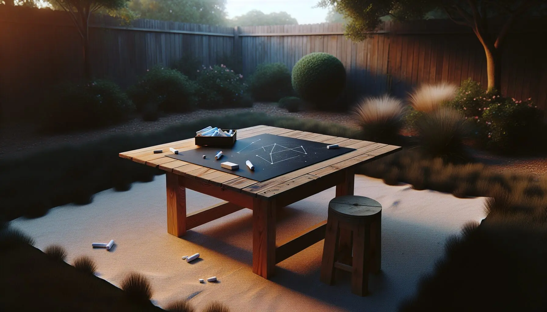 Create an image showing a black construction paper and white chalk on a wooden table surrounded by nature.